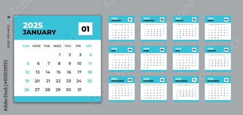 Calendar 2025 template vector, Desk Calendar design, Wall calendar, Week Starts on Sunday. Set of 12 Months, planner 2025 template, Blue background