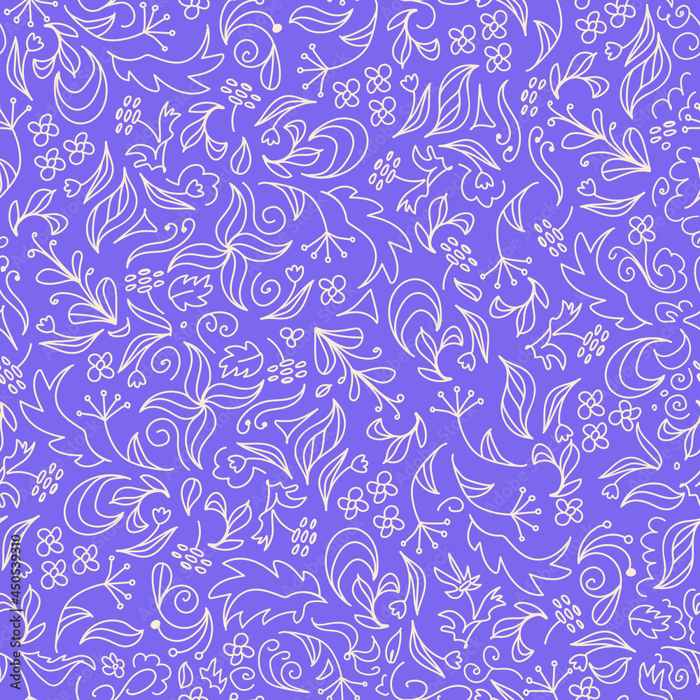 Bright floral summer seamless doodle pattern. In trendy pastel colors. Field herbs and flowers on a purple background. For dresses, wallpaper, printing on fabric, wrapping Bright floral summer seamless doodle pattern. In trendy pastel colors. Field herbs and flowers on a purple background. For dresses, wallpaper, printing on fabric, wrapping