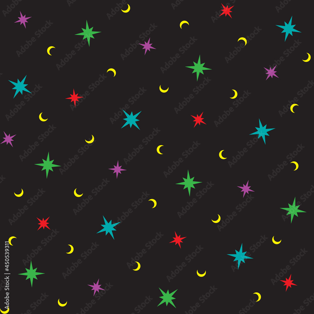 Vector seamless motley festive pattern with multicolor stars and moons on black background for wrap, paper and fabric