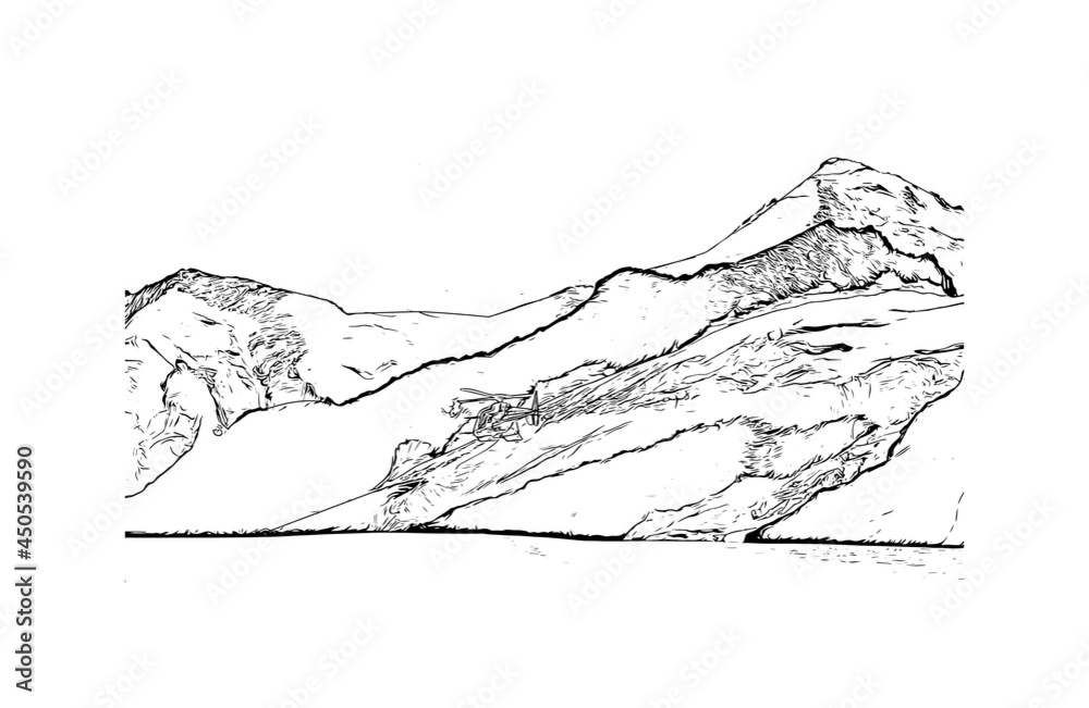 Building view with landmark of Jungfrau is the
summit in Switzerland. Hand drawn sketch illustration in vector.
