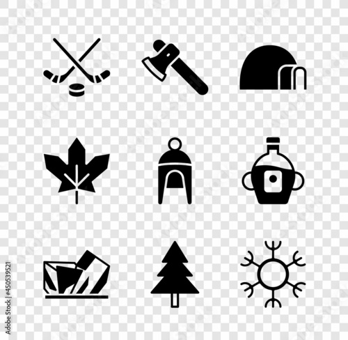 Set Ice hockey sticks and puck, Wooden axe, Igloo ice house, Royal Ontario museum, Christmas tree, Snowflake, Canadian maple leaf and Winter hat icon. Vector