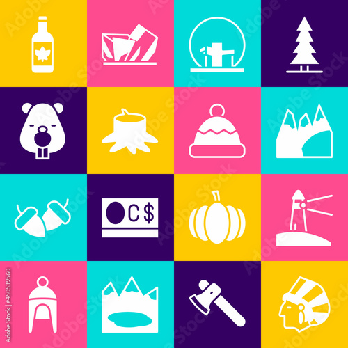 Set Native American Indian, Lighthouse, Mountains, Montreal Biosphere, Tree stump, Beaver animal, Beer bottle and Beanie hat icon. Vector