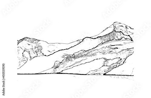 Obraz na płótnie Building view with landmark of Jungfrau is the
summit in Switzerland. Hand drawn sketch illustration in vector. w salonie