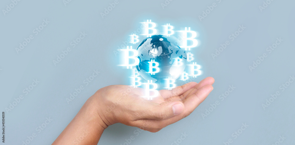 Hands showing bitcoin icon as virtual money digital Hands showing bitcoin icon as virtual money digital