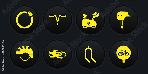 Set Bicycle helmet, shoes, fork, Stationary bicycle, handlebar, and brake disc icon. Vector