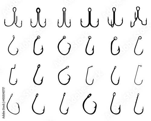 Black silhouettes of different fishing hooks on a white background