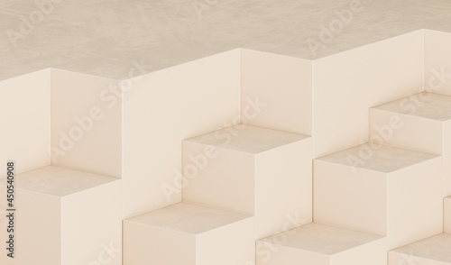 Minimal scene with clouds, podium and abstract background. Pastel cream and beige scene. Trendy 3d render for social media banners, promotion, cosmetic product show. Geometric shapes interior. 