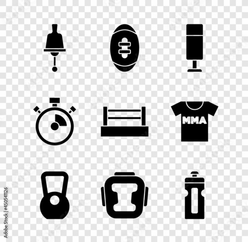 Set Ringing bell, American Football ball, Punching bag, Kettlebell, Boxing helmet, Fitness shaker, Stopwatch and ring icon. Vector