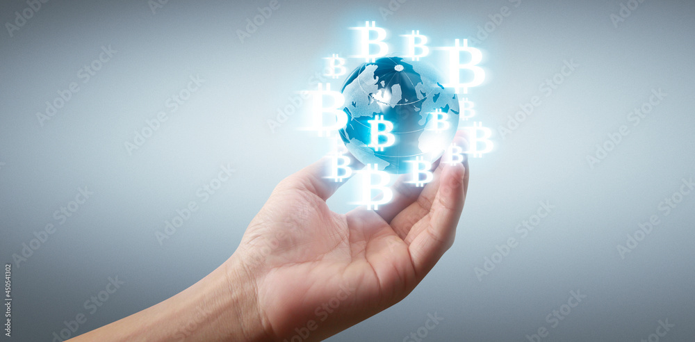 Hands showing bitcoin icon as virtual money digital Hands showing bitcoin icon as virtual money digital