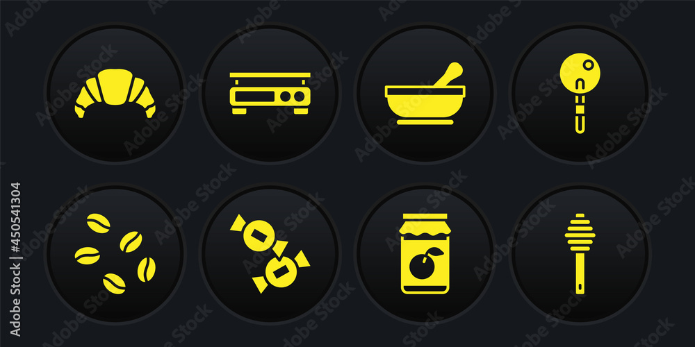 Set Coffee beans, Lollipop, Candy, Jam jar, Mortar pestle, Electronic scales, Honey dipper stick and Croissant icon. Vector Set Coffee beans, Lollipop, Candy, Jam jar, Mortar pestle, Electronic scales, Honey dipper stick and Croissant icon. Vector