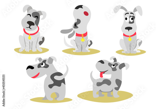 Vector set of funny little dogs  puppy  animal  character isolated on a white background. Icons. The dog is sitting  lying  holding a bone  howling  barking  wagging his tail. Normal daily activities.