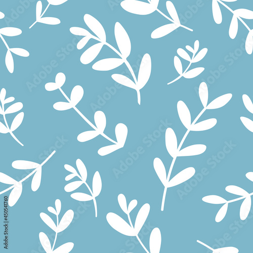 Leaves and branches. Seamless pattern with hand-drawn plants. Botanical seasonal background. Modern and original textiles, wrapping paper, wall design. Simple minimalist graphics.