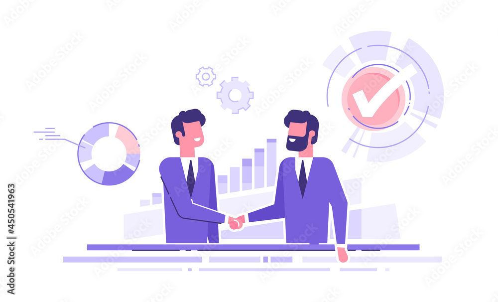 Two businessmen shake hands with each other after a successful deal. Partnership concept. Handshake of two men. Modern vector illustration.