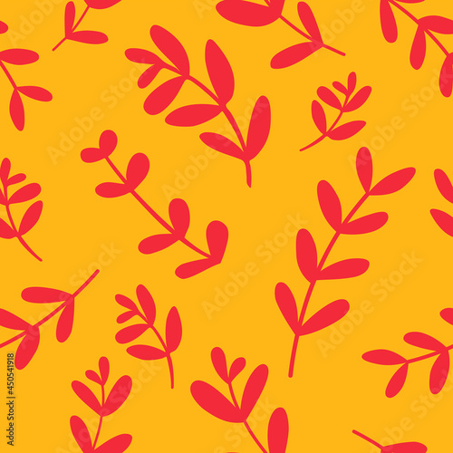 Leaves and branches. Seamless pattern with hand-drawn plants. Botanical seasonal background. Modern and original textiles, wrapping paper, wall design. Simple minimalist graphics.