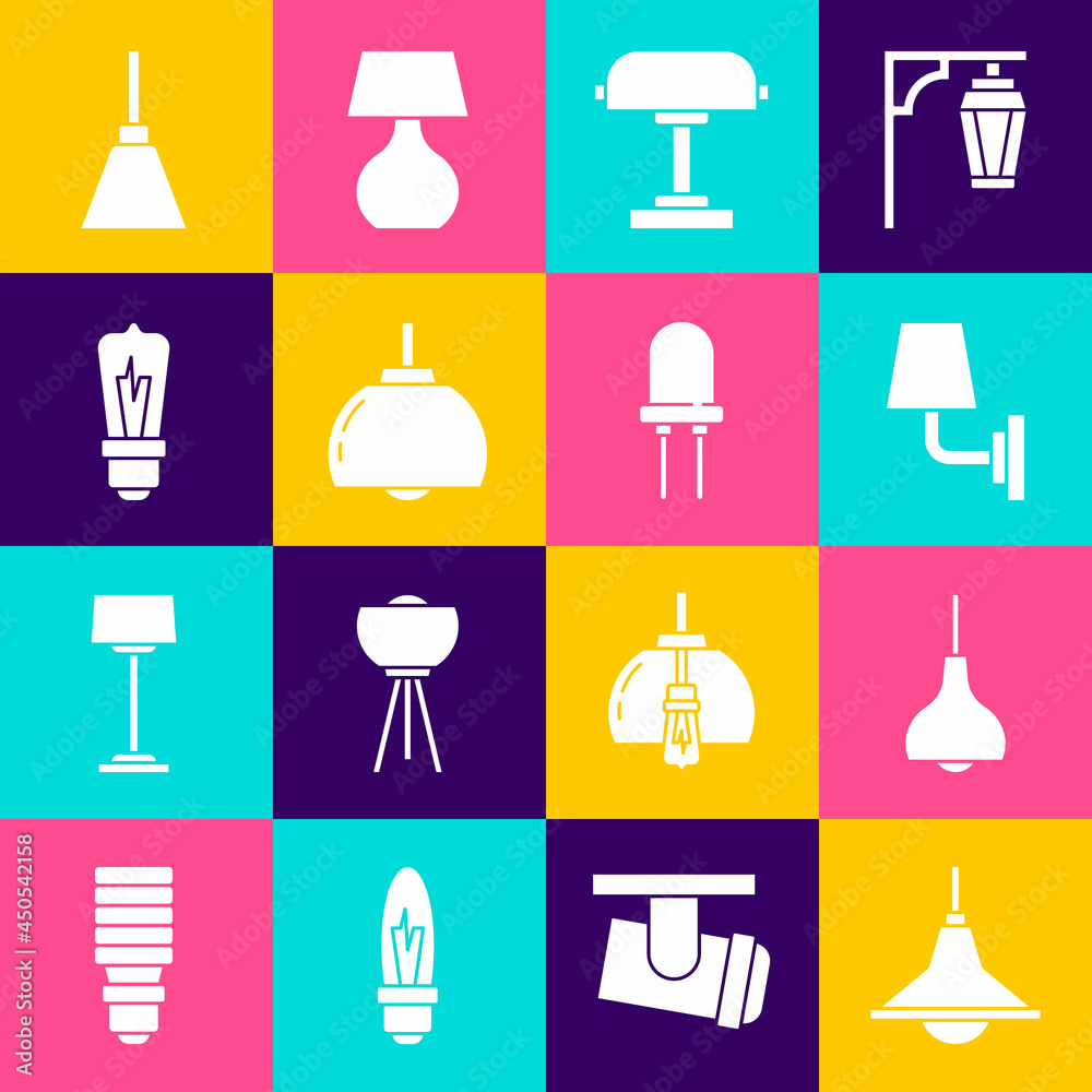 Set Chandelier, Lamp hanging, Wall lamp or sconce, Table, Light bulb, and emitting diode icon. Vector Set Chandelier, Lamp hanging, Wall lamp or sconce, Table, Light bulb, and emitting diode icon. Vector