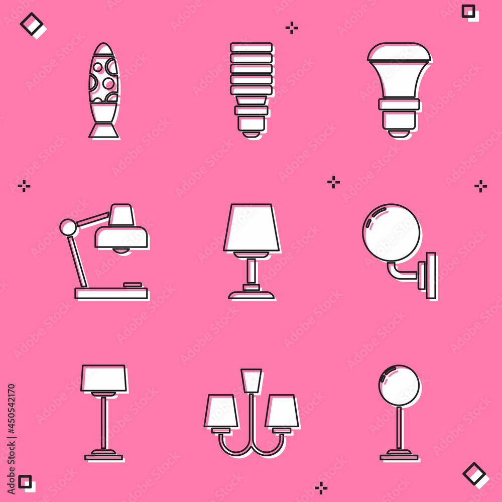 Set Floor lamp, LED light bulb, Table, Wall sconce, and Chandelier icon. Vector Set Floor lamp, LED light bulb, Table, Wall sconce, and Chandelier icon. Vector