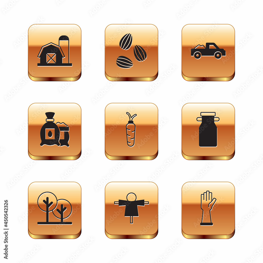 Set Farm house, Tree, Scarecrow, Carrot, Pack full of seeds of plant, Pickup truck, Rubber gloves and Seeds icon. Vector Set Farm house, Tree, Scarecrow, Carrot, Pack full of seeds of plant, Pickup truck, Rubber gloves and Seeds icon. Vector