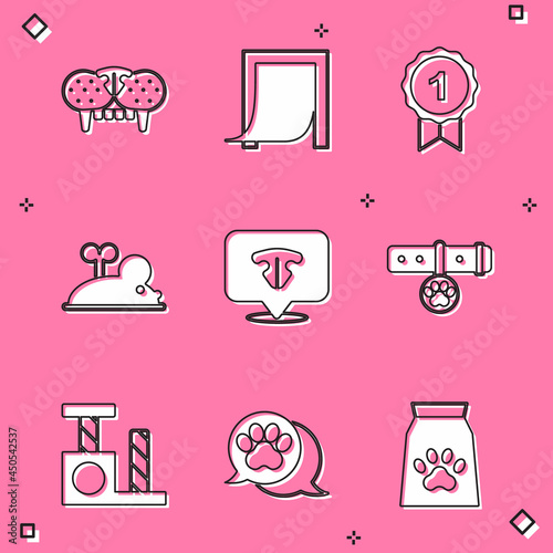 Set Cat tooth, Door for pet, Dog award symbol, Clockwork mouse, nose, Collar with name tag, scratching post and Paw print icon. Vector