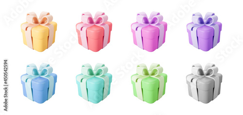 3d color gift boxes set with pastel ribbon bow isolated on a white background. 3d render flying modern holiday closed surprise box. Realistic vector icon for present, birthday or wedding banners