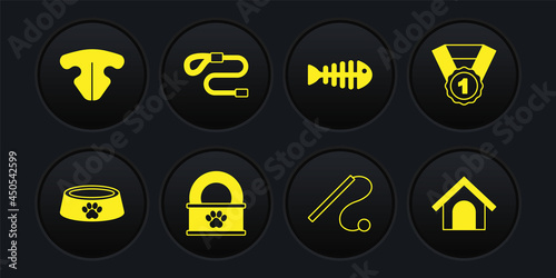 Set Pet food bowl, Dog award symbol, Canned, cat toy, Fish skeleton, Retractable cord leash, house and Cat nose icon. Vector