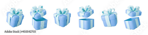 3d blue gift boxes open and closed set with pastel ribbon bow isolated on a white background. 3d render flying modern holiday surprise box. Realistic vector icon for birthday or wedding banners
