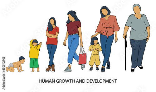 Art & Illustration period of human growth and development from infancy to old age, flat design with line style, hand drawn