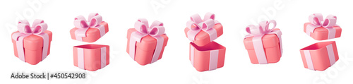3d red gift boxes open and closed set with pastel pink ribbon bow isolated on a white background. 3d render flying modern holiday surprise box. Realistic vector icon for birthday or wedding banners photo