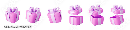 3d pink gift boxes open and closed set with pastel ribbon bow isolated on a white background. 3d render flying modern holiday surprise box. Realistic vector icon for birthday or wedding banners