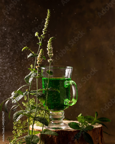 Refreshing tarragon drink and blooming fresh mint