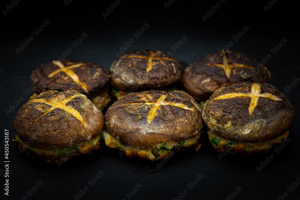 Korean food Pyogobeoseot-Jeon which is fried Shiitake mushroom with meatball Korean food Pyogobeoseot-Jeon which is fried Shiitake mushroom with meatball