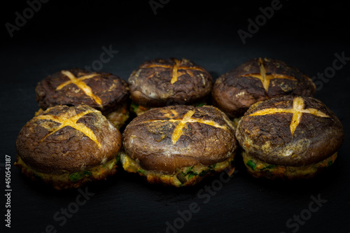 Korean food Pyogobeoseot-Jeon which is fried Shiitake mushroom with meatball