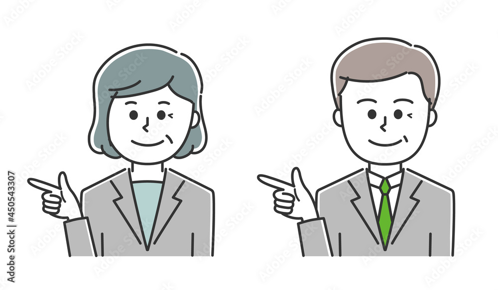 Man and woman wearing a suit directing someone to somewhere. Vector illustration isolated on white background.