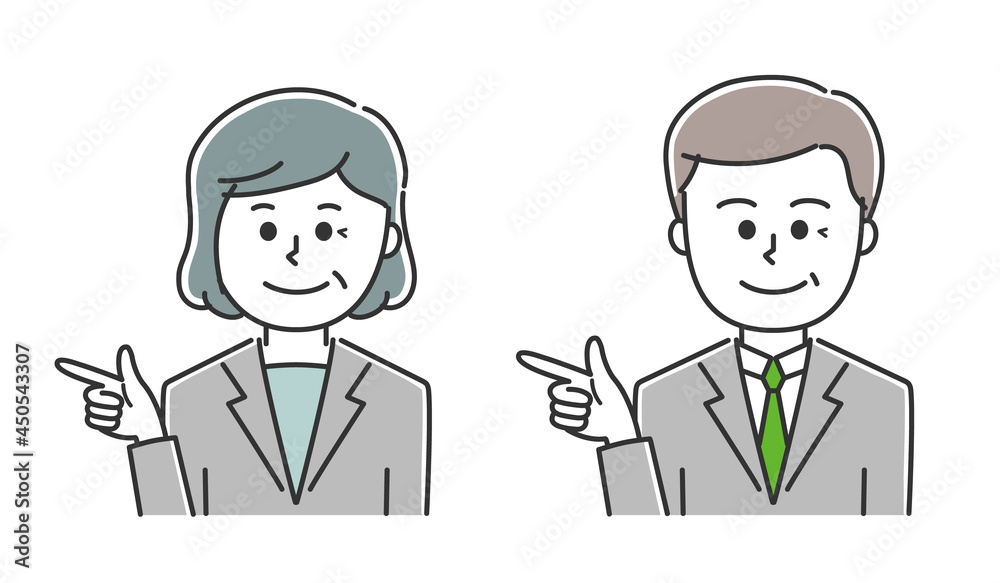 Man and woman wearing a suit directing someone to somewhere. Vector illustration isolated on white background. Man and woman wearing a suit directing someone to somewhere. Vector illustration isolated on white background.