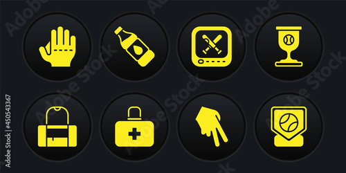 Set Sport bag, Award cup with baseball ball, First aid kit, Baseball glove, Monitor game, Bottle of water, and icon. Vector
