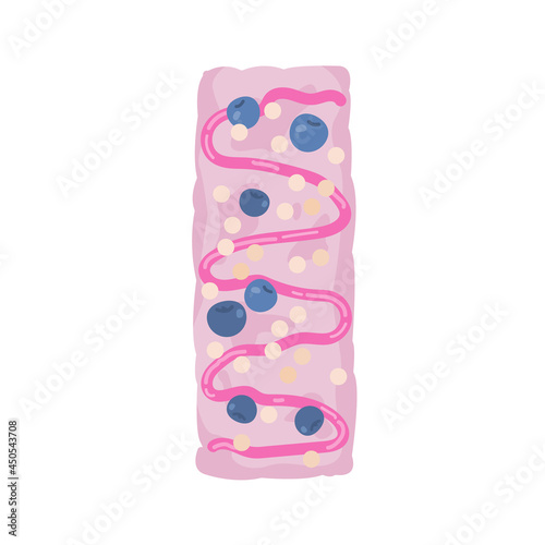A muesli bar, a healthy homemade snack. Pink strawberry muesli with blueberries and caramel. Organic vegan dessert in cartoon style without wrapper. Sports nutrition. Vector, isolated
