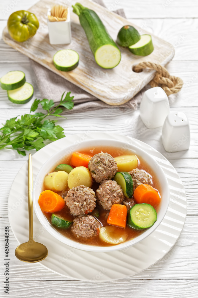 hot mexican meatball vegetable soup, top view
