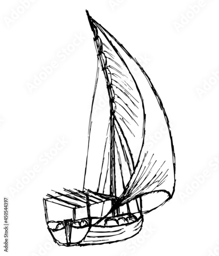 Rough outline black and white vector drawing of a sailing boat. Simple grunge sketch of a fishing ship