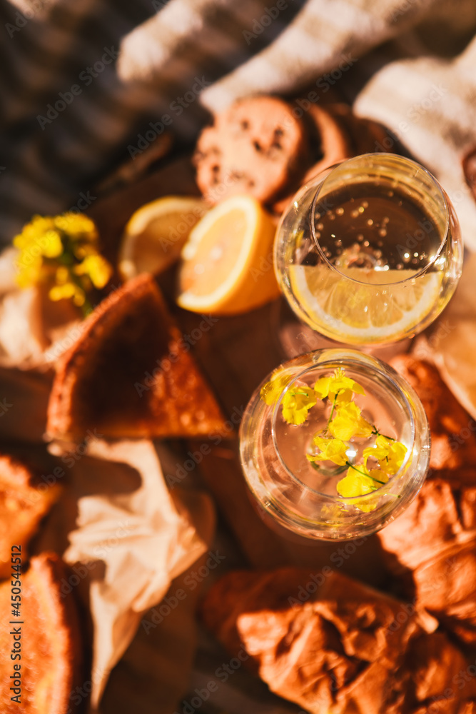 picnic concept glasses of wine bun outdoors on blanket