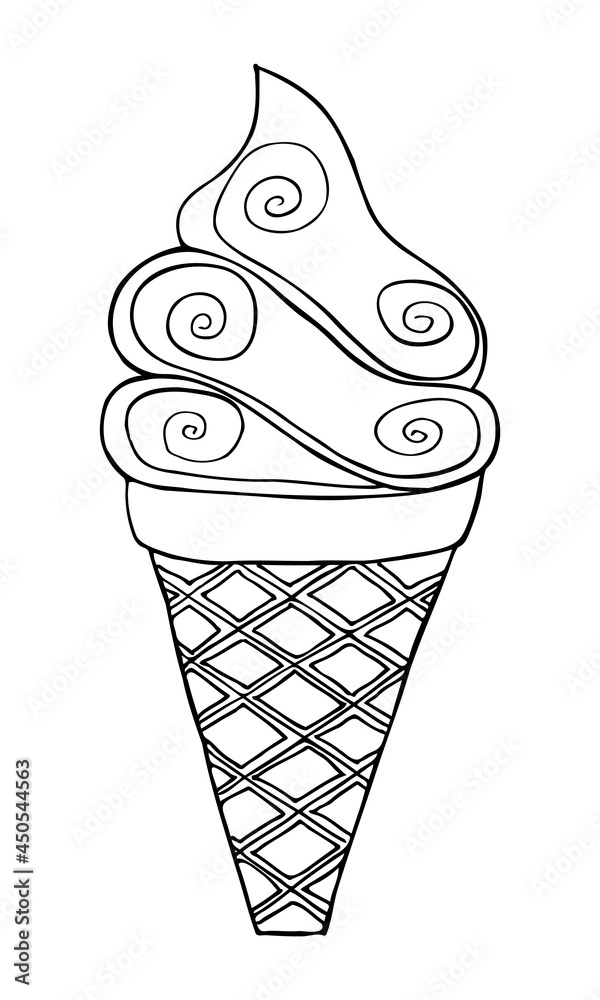 Creative black and white outline sketch of ice cream in a waffle cup. Vector linear drawing of dessert with curls, spirals and rhombuses Creative black and white outline sketch of ice cream in a waffle cup. Vector linear drawing of dessert with curls, spirals and rhombuses