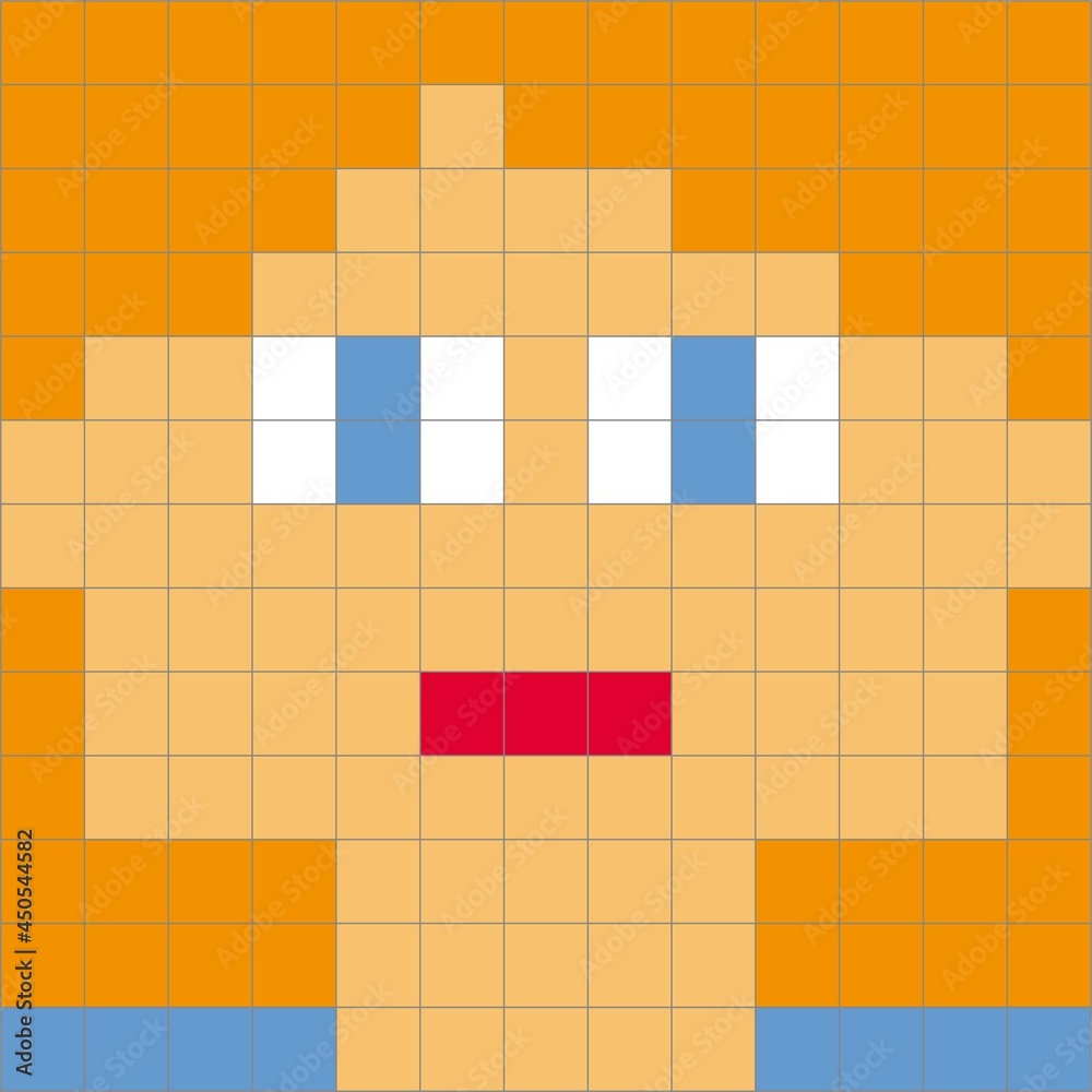 Vector female square pixel head. Simple scary girl face
