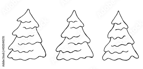 Three creative linear vector fir-tree. Simple black and white sketch of conifers