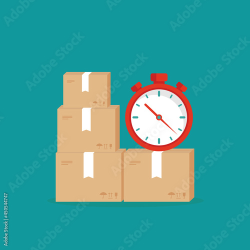 Parcels stack with red stopwatch or scales. Delivery box weight, package service, fast transportation, container