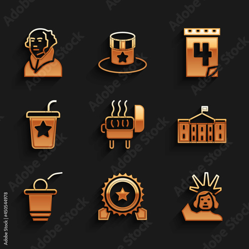 Set Barbecue grill, Medal with star, Statue of Liberty, United States Capitol Congress, Beer pong game, Paper glass straw, Calendar date July 4 and George Washington icon. Vector