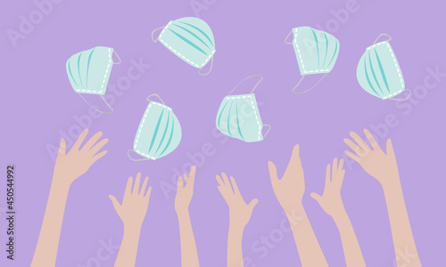 Vector illustration of world herd immunity. A group of people throw away protection masks up to the air.
