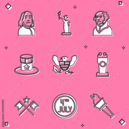 Set Benjamin Franklin, Statue of Liberty, George Washington, Patriotic American top hat, Eagle, Stage stand tribune, flag and Calendar with date July 4 icon. Vector