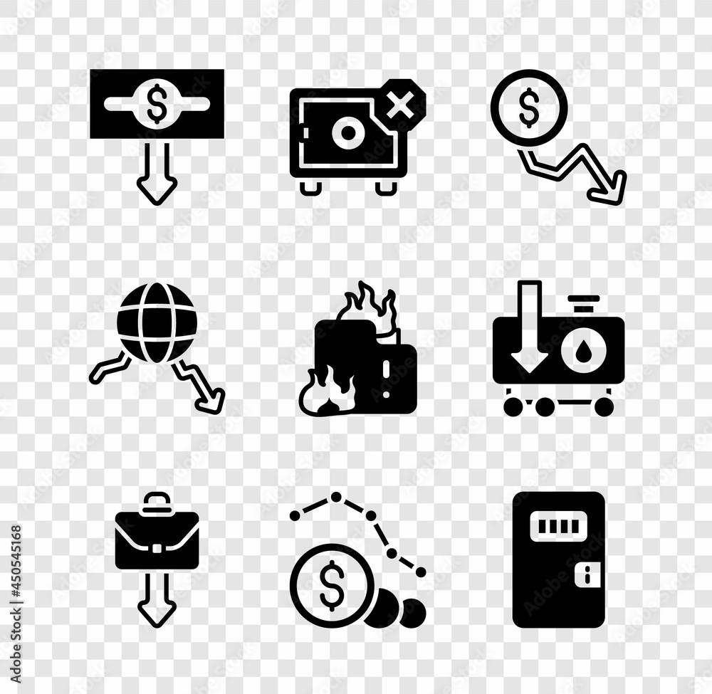 Set Dollar rate decrease, Safe, Briefcase, Prison cell door, Global economic crisis and Fire in burning house icon. Vector