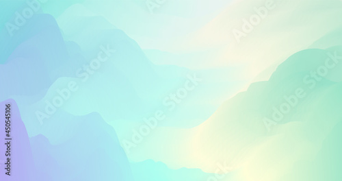 Calm and peaceful scenery in rays of rising sun. Morning fog in the mountains. Abstract gradient landscape illustration in soft pastel colors. Vector background for cover, presentation, wallpaper.
