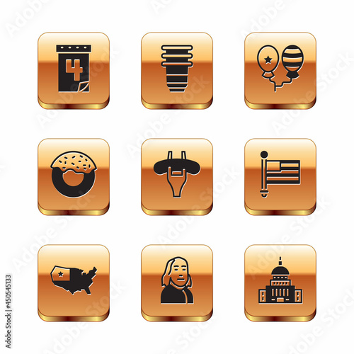 Set Calendar with date July 4, USA map, Benjamin Franklin, Sausage on the fork, Donut, Balloons, White House and Paper glass icon. Vector