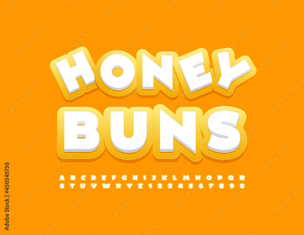 Vector sweet emblem Honey Buns with cute Alphabet Letters and Numbers set. Sunny style Font