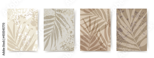 Сover design set with palm branch print on a textured background.Vector background for wedding card, menu template, poster, greeting card, presentations, social media stories and posts, AD, banner